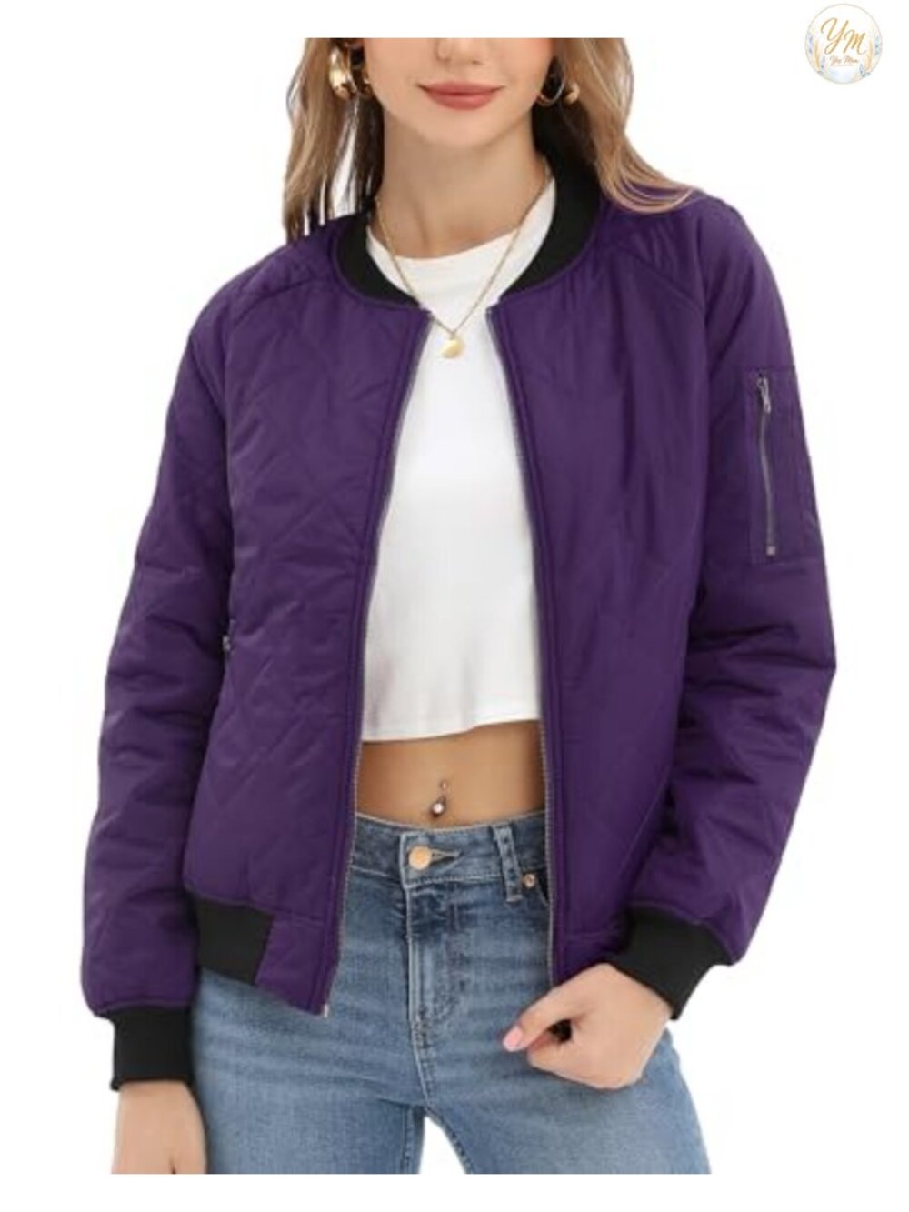 Quilted Bomber Jacket Lightweight Puffer Zip Pockets Casual